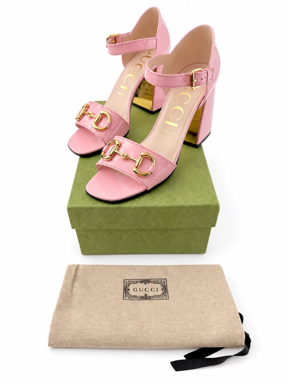 GUCCI | Baby Horsebit Block Heel Sandals Pink Patent Leather Wild Rose EU 41.5